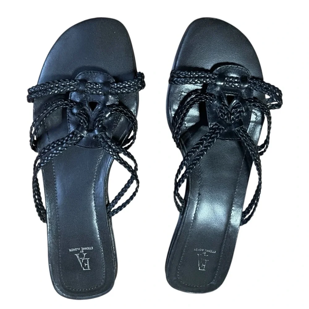 Etienne Aigner Black Braided Slide Sandals Low Block‎ Heel Resort Vacation Shoes